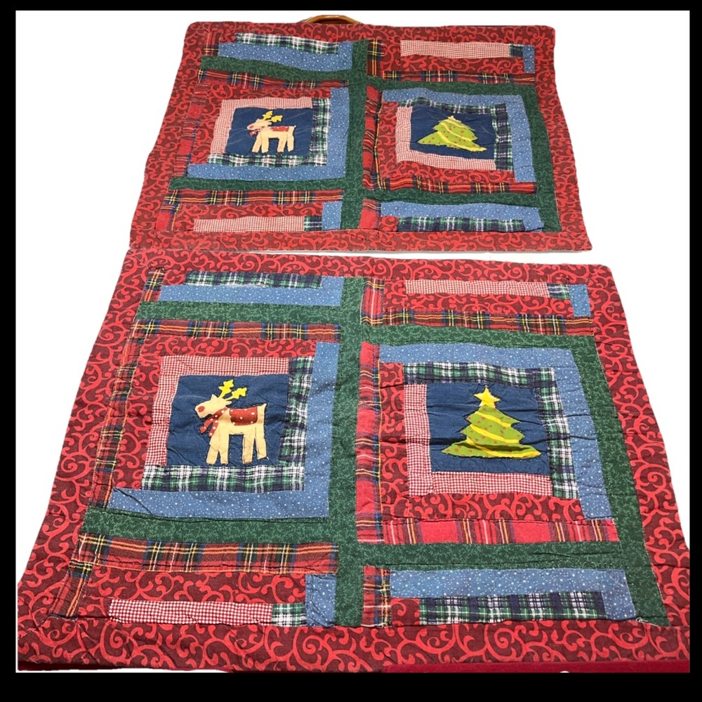 vintage 90s Quilted CHRISTMAS 2 Pillow SHAMS Red Green Tree Deer Cottage 23x29”